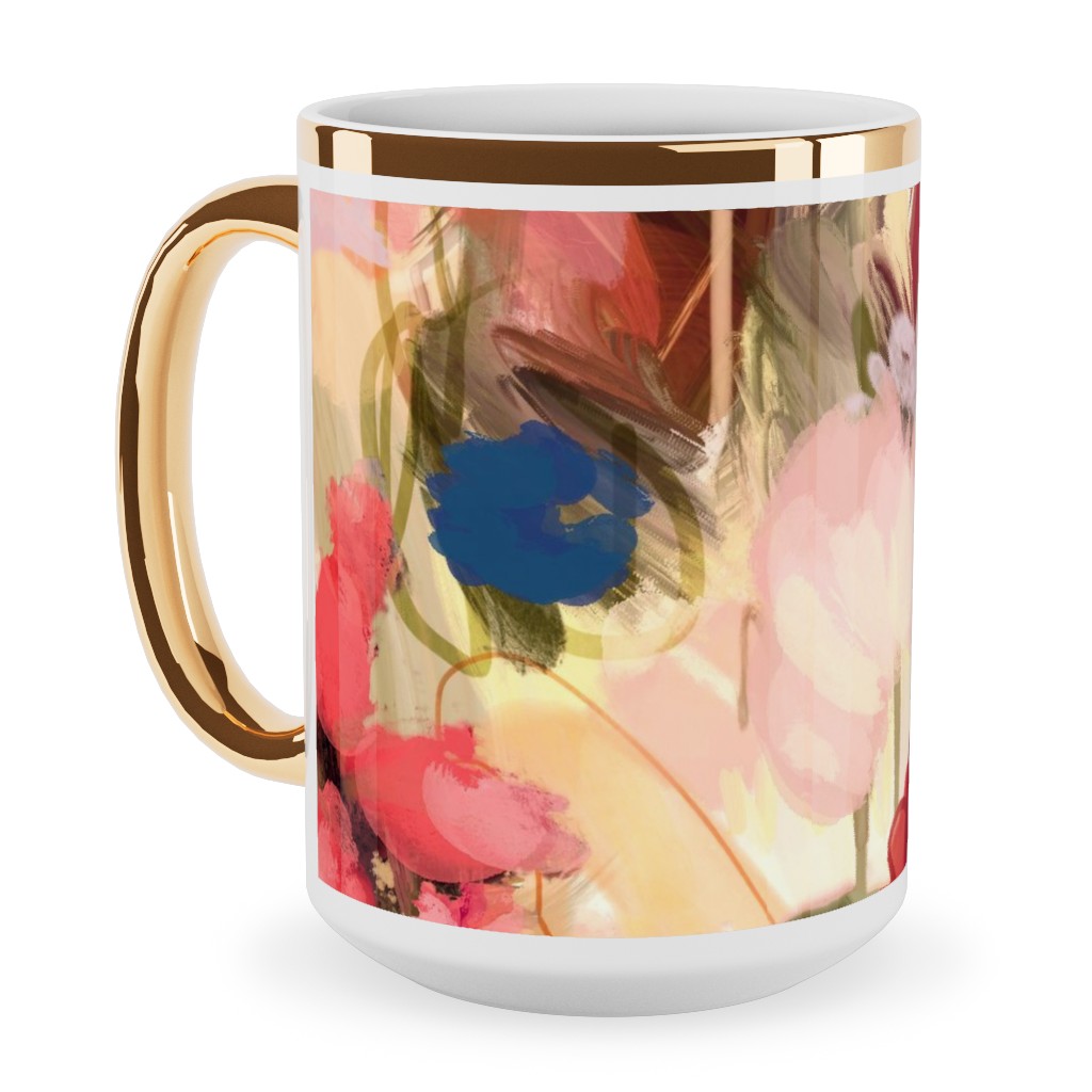 Painterly Abstract Floral Ceramic Mug, Gold Handle,  , 15oz, Pink
