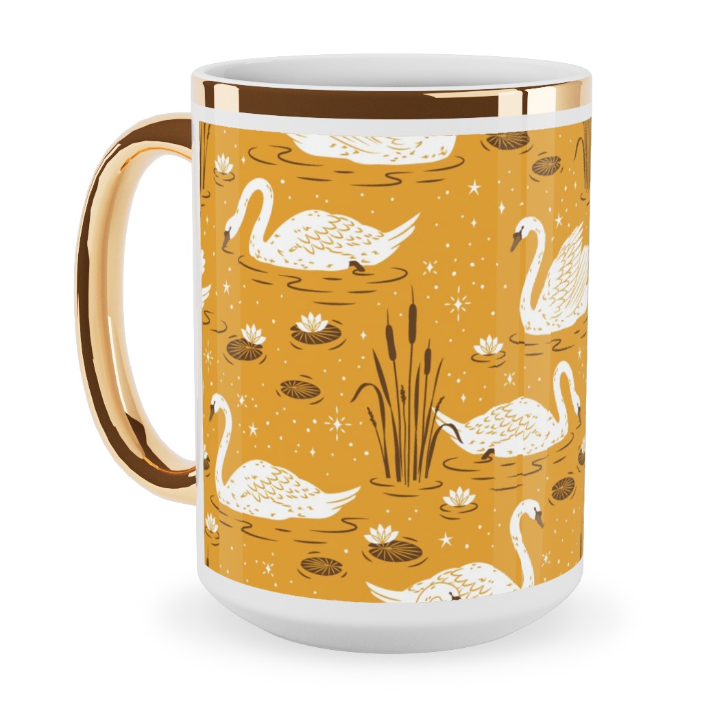 Summer Swans Ceramic Mug, Gold Handle, , 15oz, Yellow, Mustard