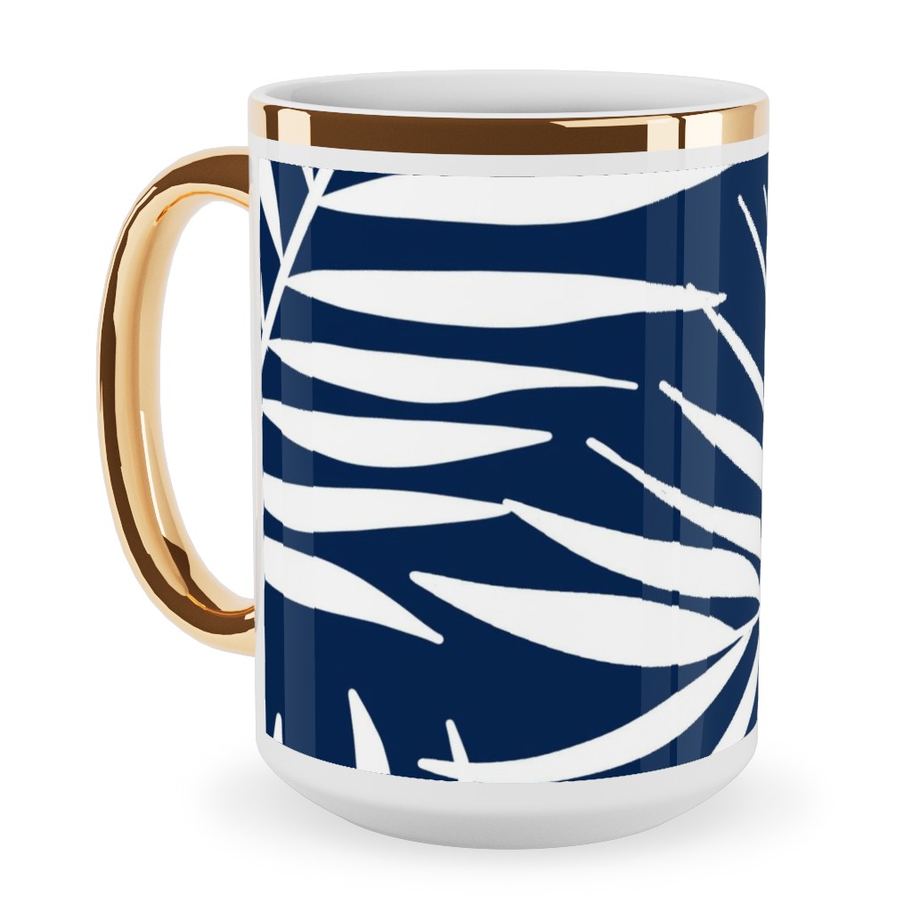 Palm Tree Leaves Ceramic Mug, Gold Handle, , 15oz, Blue, Silhouette