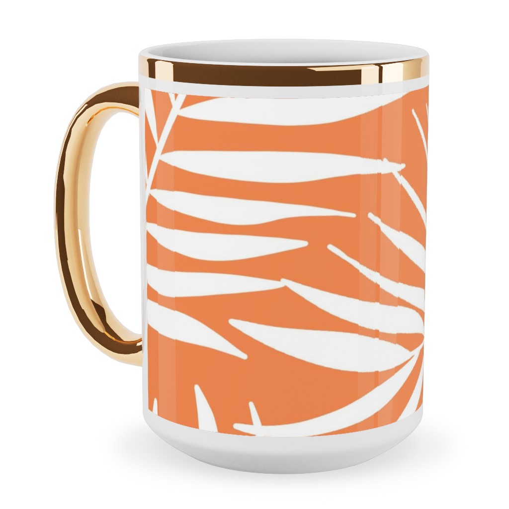 Palm Tree Leaves Ceramic Mug, Gold Handle, , 15oz, Orange, Citrus