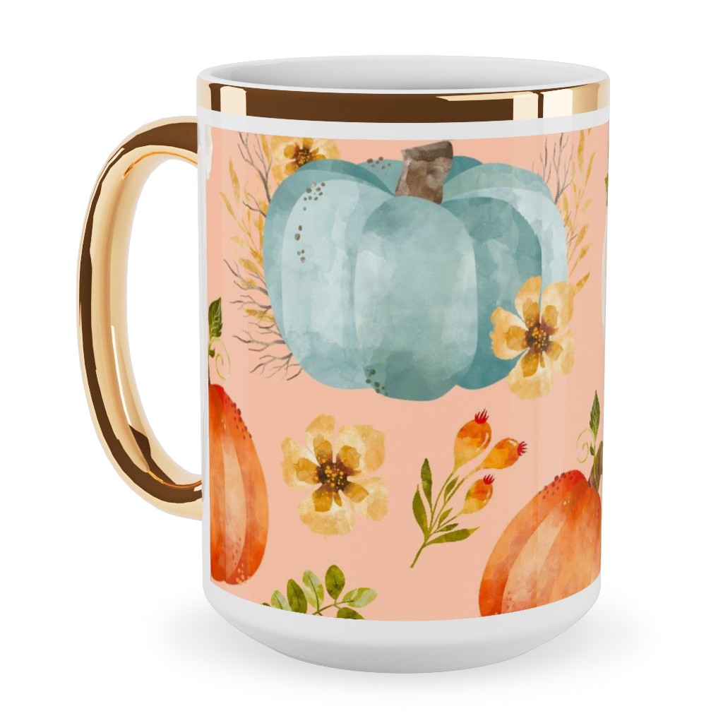 Rustic Farmhouse Pumpkins on Pale Peach Ceramic Mug, Gold Handle,  , 15oz, Orange