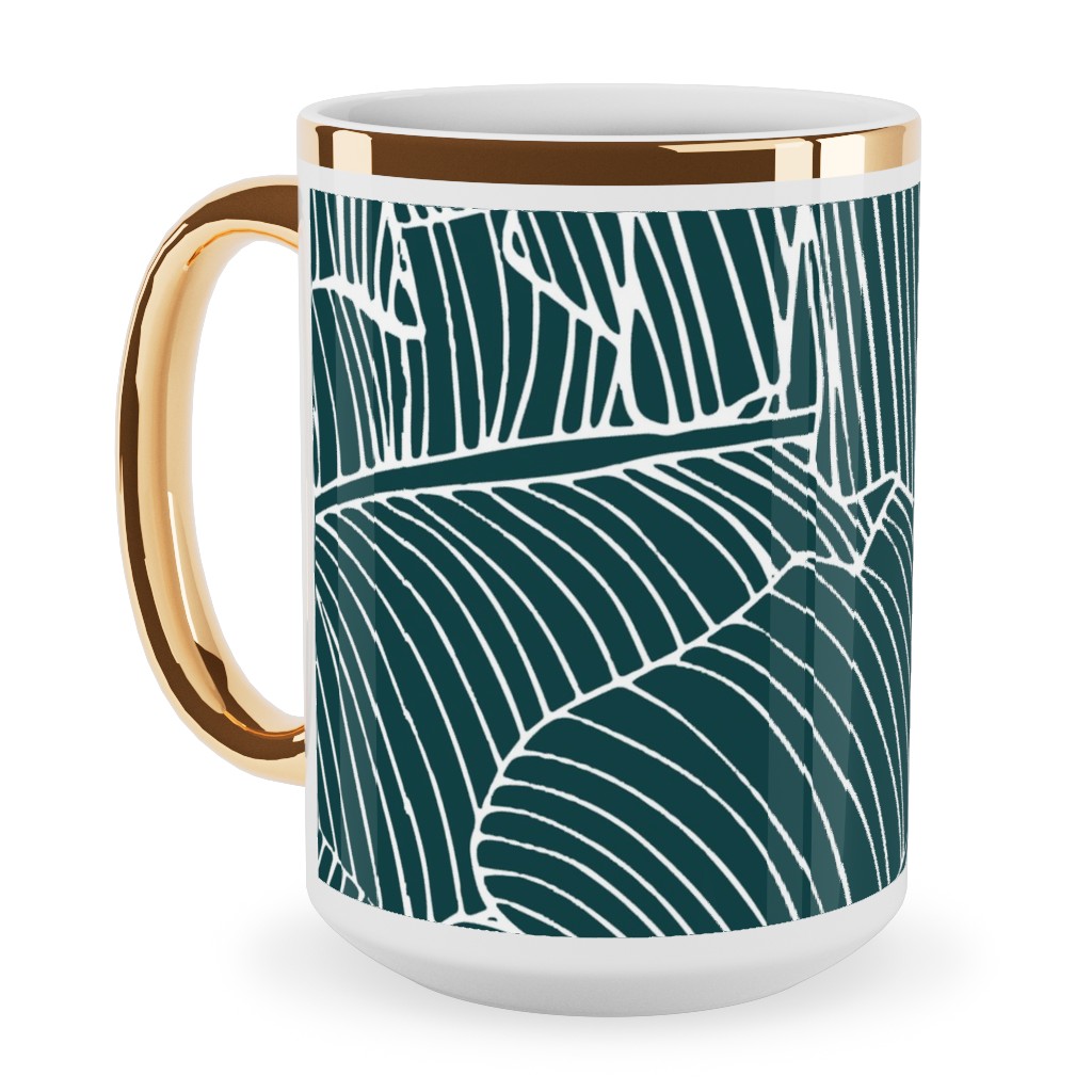 Banana Leaf - Teal Ceramic Mug, Gold Handle, , 15oz, Green, Classic Green