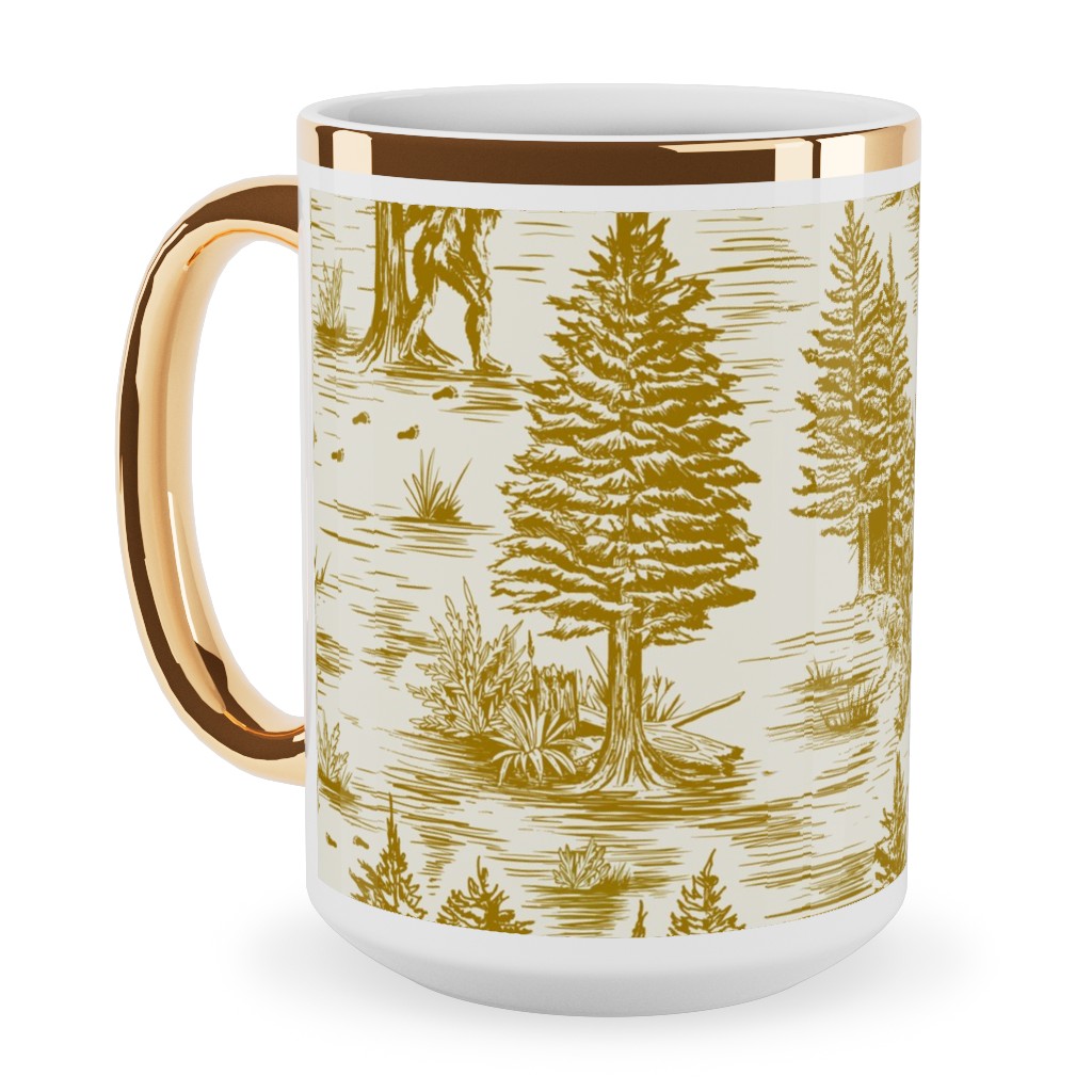 Bigfoot Sasquatch Toile De Jouy Ceramic Mug, Gold Handle,  , 15oz, Yellow