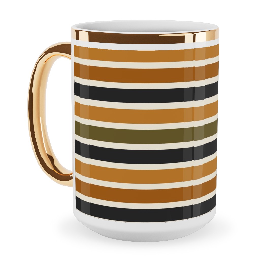 Halloween Stripes With Orange and Olive Green Ceramic Mug, Gold Handle, , 15oz, Orange, Orange
