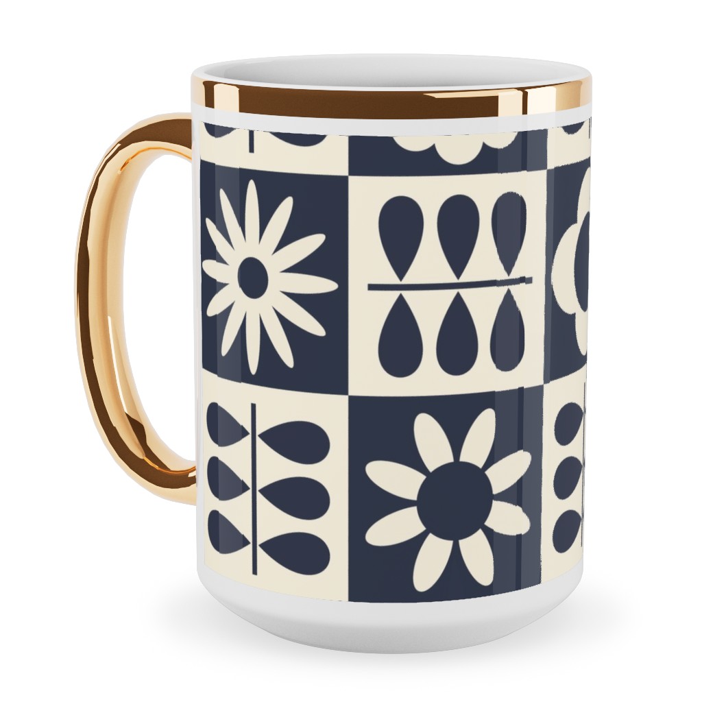 Scandinavian Checker Blooms - Off White and Navy Ceramic Mug, Gold Handle,  , 15oz, Black