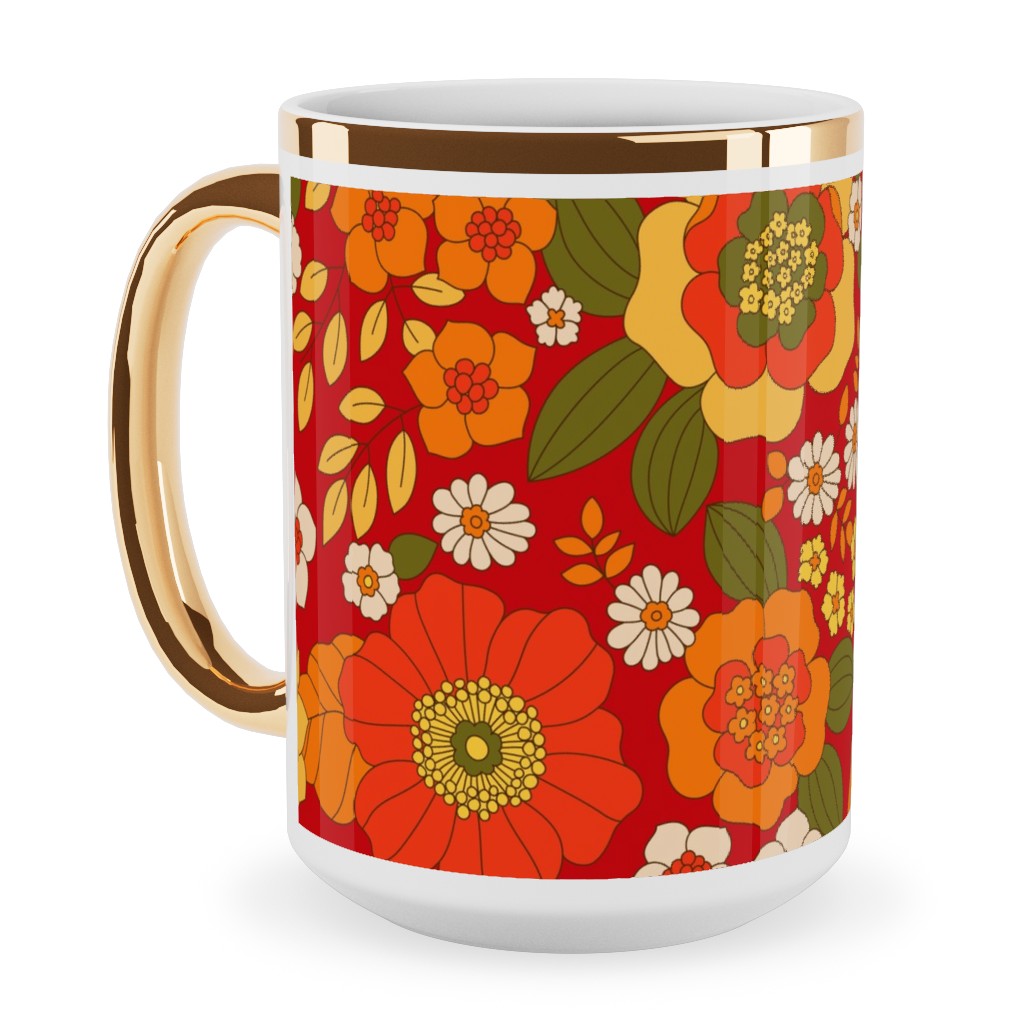 Vintage Flora - Red Ceramic Mug, Gold Handle, , 15oz, Orange, Orange