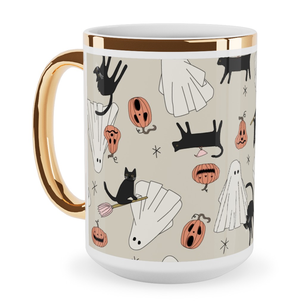 Spooky Halloween Ceramic Mug, Gold Handle,  , 15oz, Beige