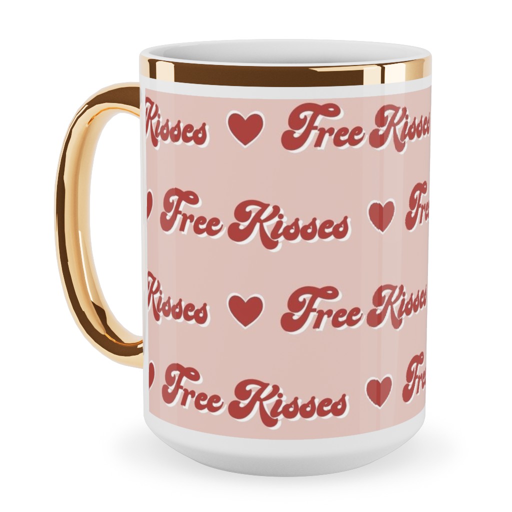 Free Kisses - Retro Hearts - Red on Pink Ceramic Mug, Gold Handle,  , 15oz, Pink