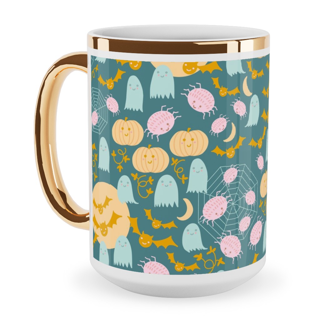 Cute Pastel Halloween Scene in Candy Colors - Pumpkin Ghost Spider Web Bat - Multi Ceramic Mug, Gold Handle, , 15oz, Multicolor