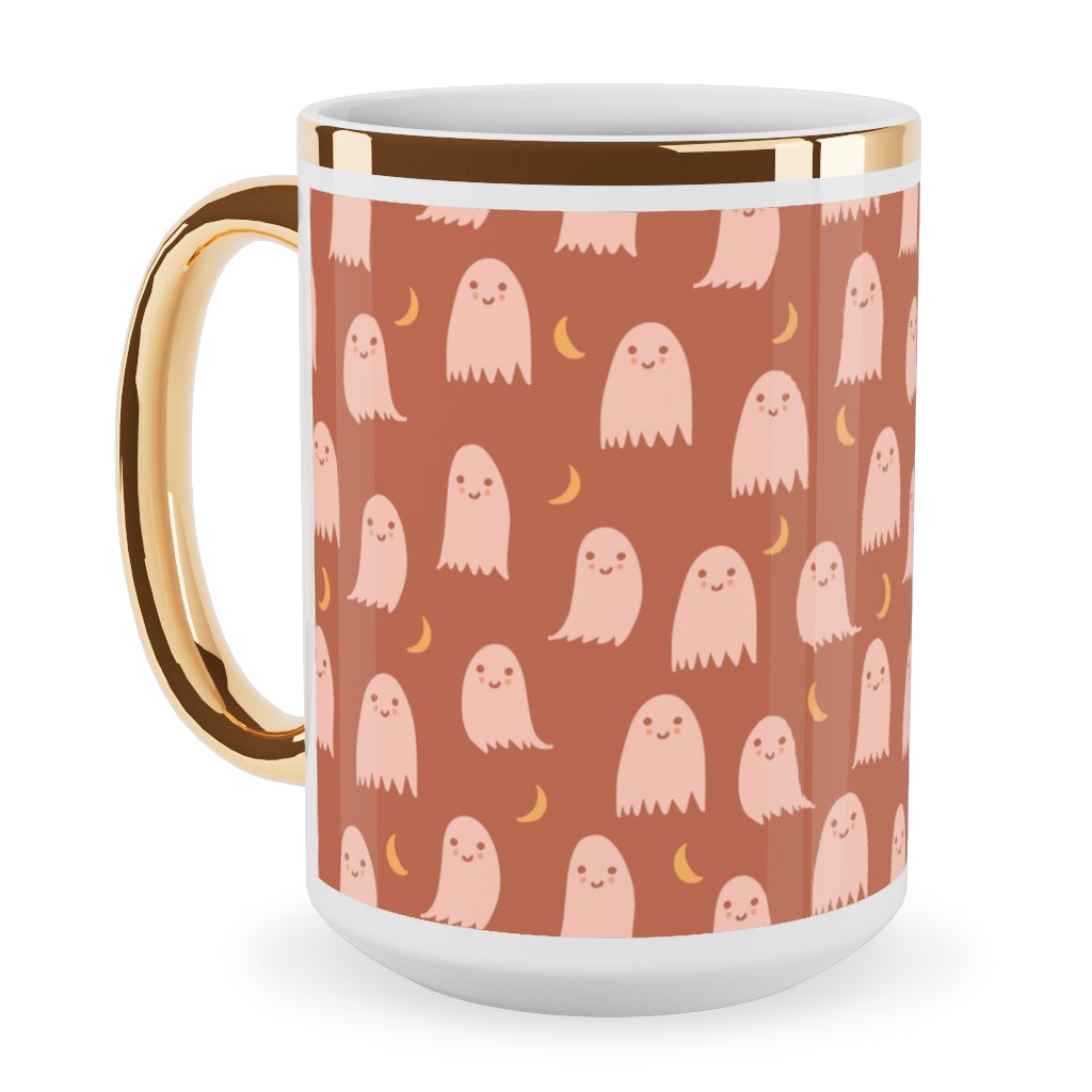 Cute Halloween Ghosts Ceramic Mug, Gold Handle,  , 15oz, Pink