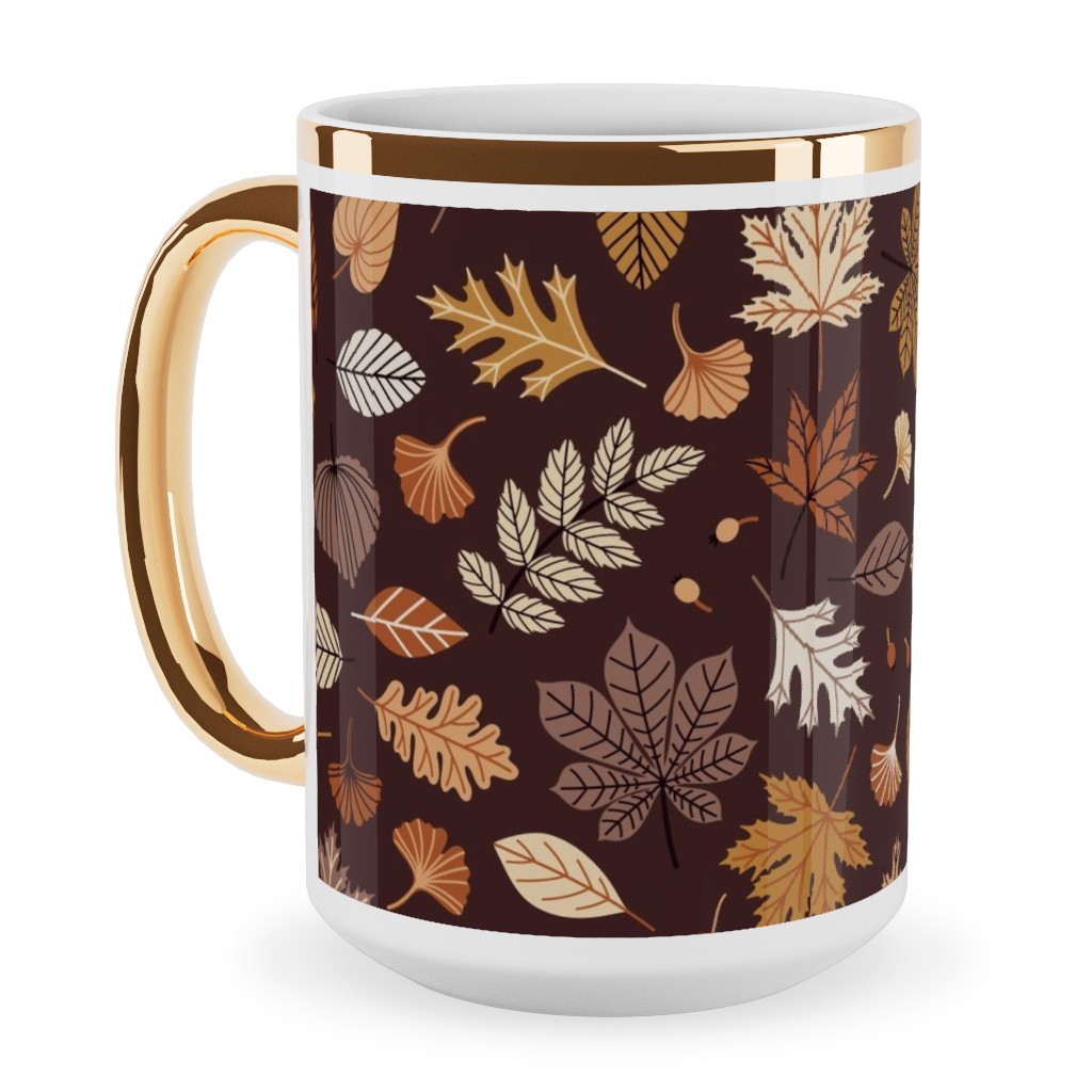 Falling Leaves - Brown Ceramic Mug, Gold Handle,  , 15oz, Brown