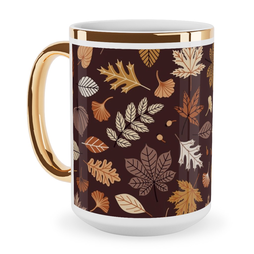 Falling Leaves - Brown Ceramic Mug, Gold Handle, , 15oz, Brown, Brown