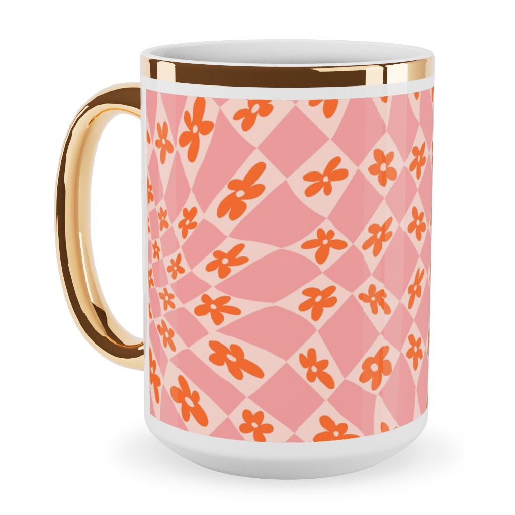 Trippy Checker - Floral - Pink and Orange Ceramic Mug, Gold Handle,  , 15oz, Pink