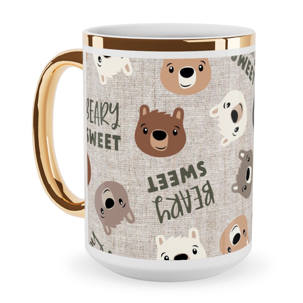 Beary Sweet Bears - Beige Ceramic Mug, Gold Handle,  , 15oz, Beige