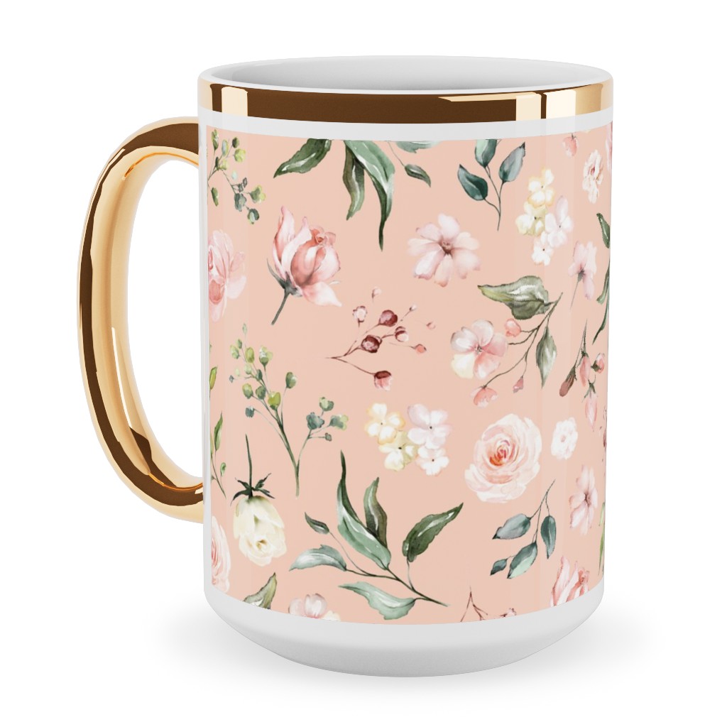 Celestial Rose Floral - Blush Ceramic Mug, Gold Handle,  , 15oz, Pink