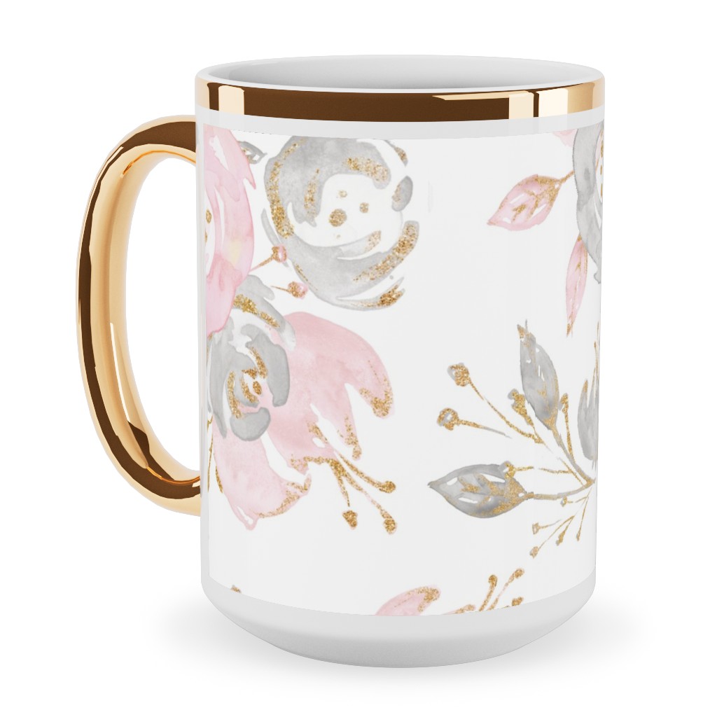 Floral - Blush Ceramic Mug, Gold Handle, , 15oz, Pink, Bright Pink