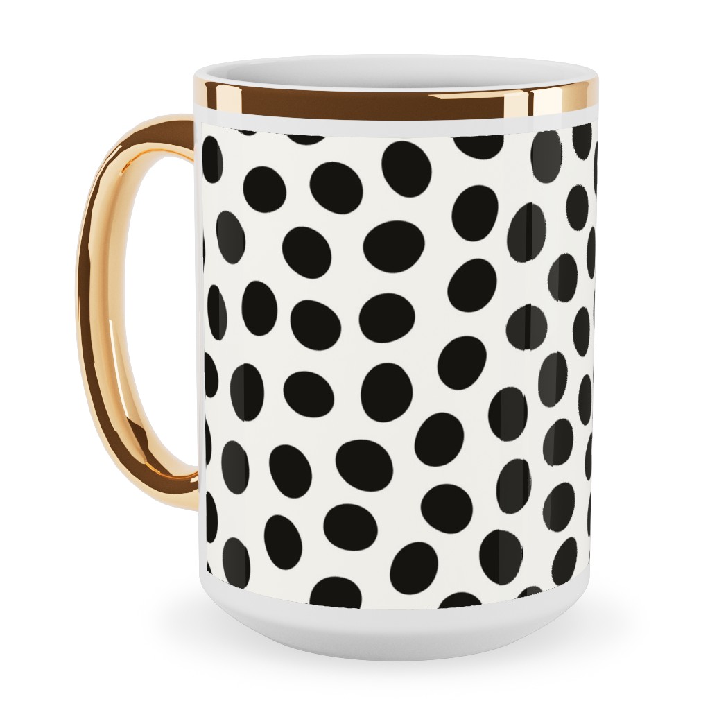 Dots - Black and White Ceramic Mug, Gold Handle, , 15oz, White, White