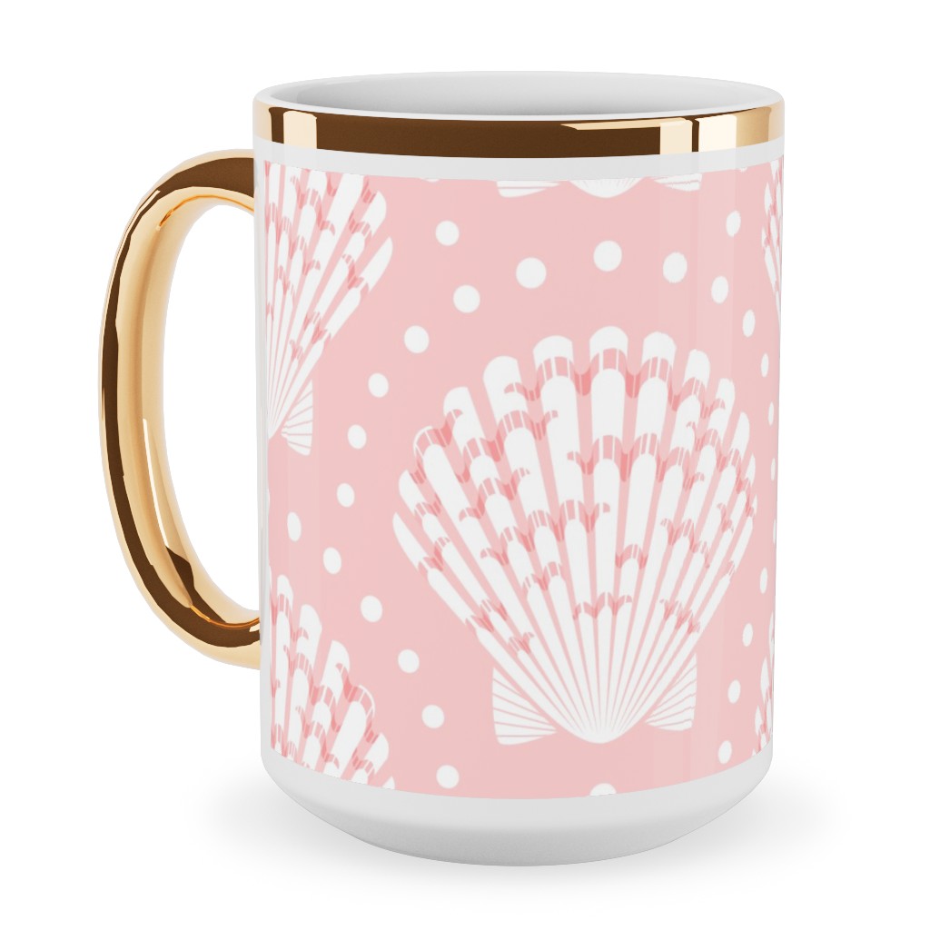 Pretty Scallop Shells - Pink Ceramic Mug, Gold Handle,  , 15oz, Pink