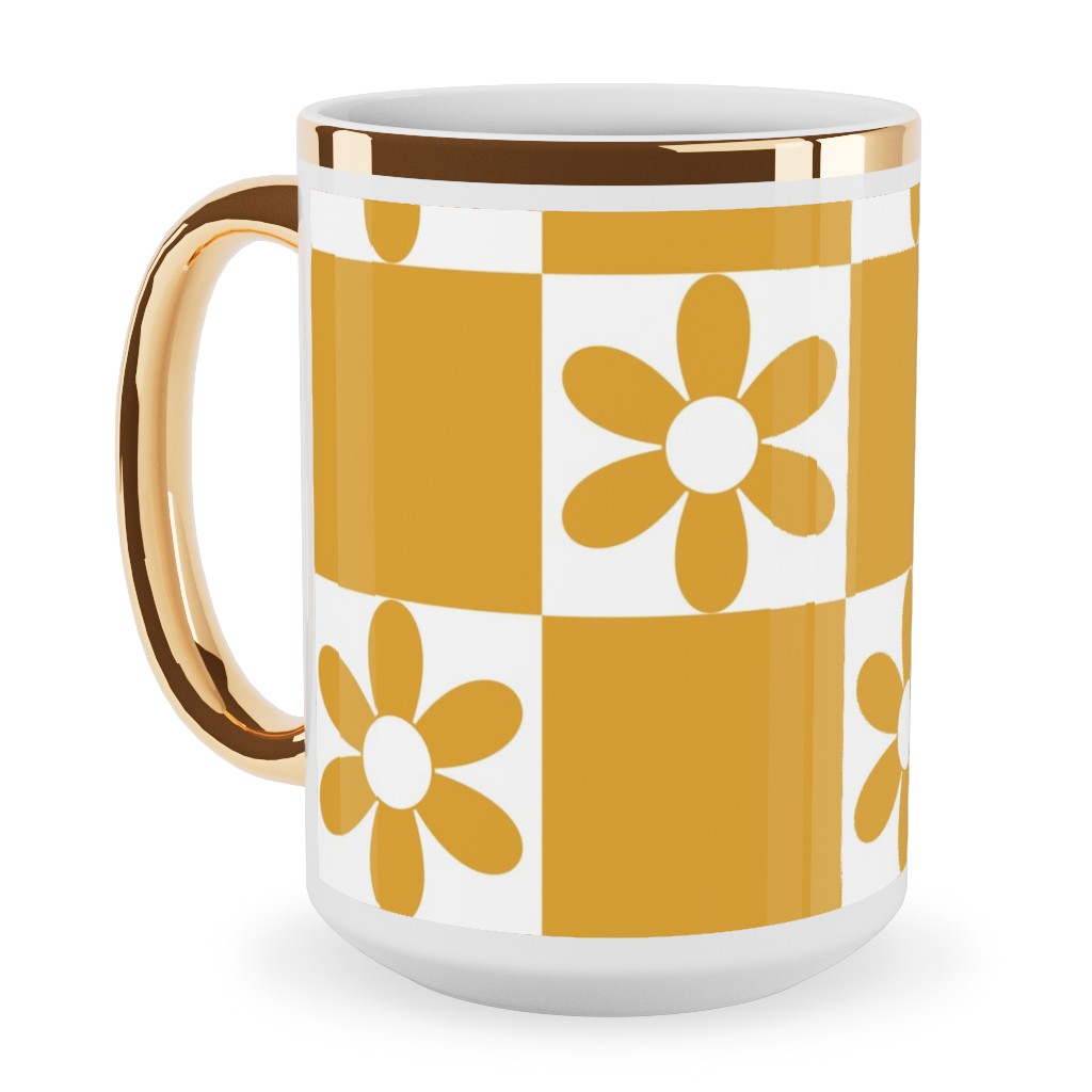 Daisy Checkerboard Ceramic Mug, Gold Handle, , 15oz, Yellow, Goldenrod