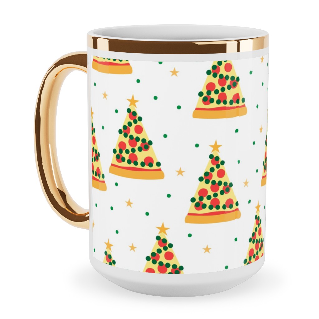 Pizza Christmas Trees - Multi on Light Ceramic Mug, Gold Handle, , 15oz, Multicolor