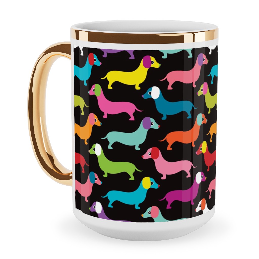Retro Dachshund Dogs Ceramic Mug, Gold Handle, , 15oz, Multicolor, Black