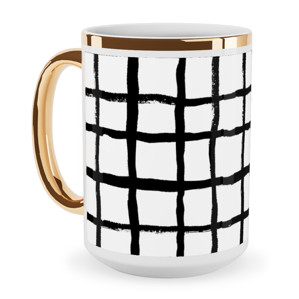 Simple Grid - Classic - Black and White Ceramic Mug, Gold Handle, , 15oz, Black, Black