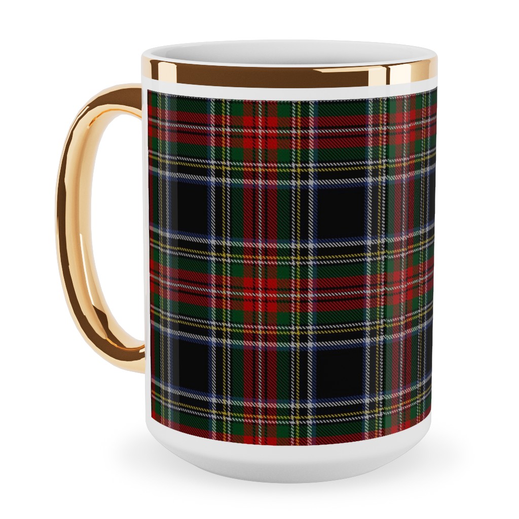 Black Stewart Tartan - Red Ceramic Mug, Gold Handle,  , 15oz, Black