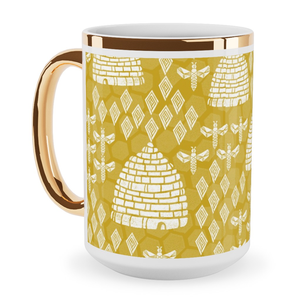 Bee Hives, Spring Florals Linocut Block Printed - Golden Yellow Ceramic Mug, Gold Handle, , 15oz, Yellow, Classic Yellow