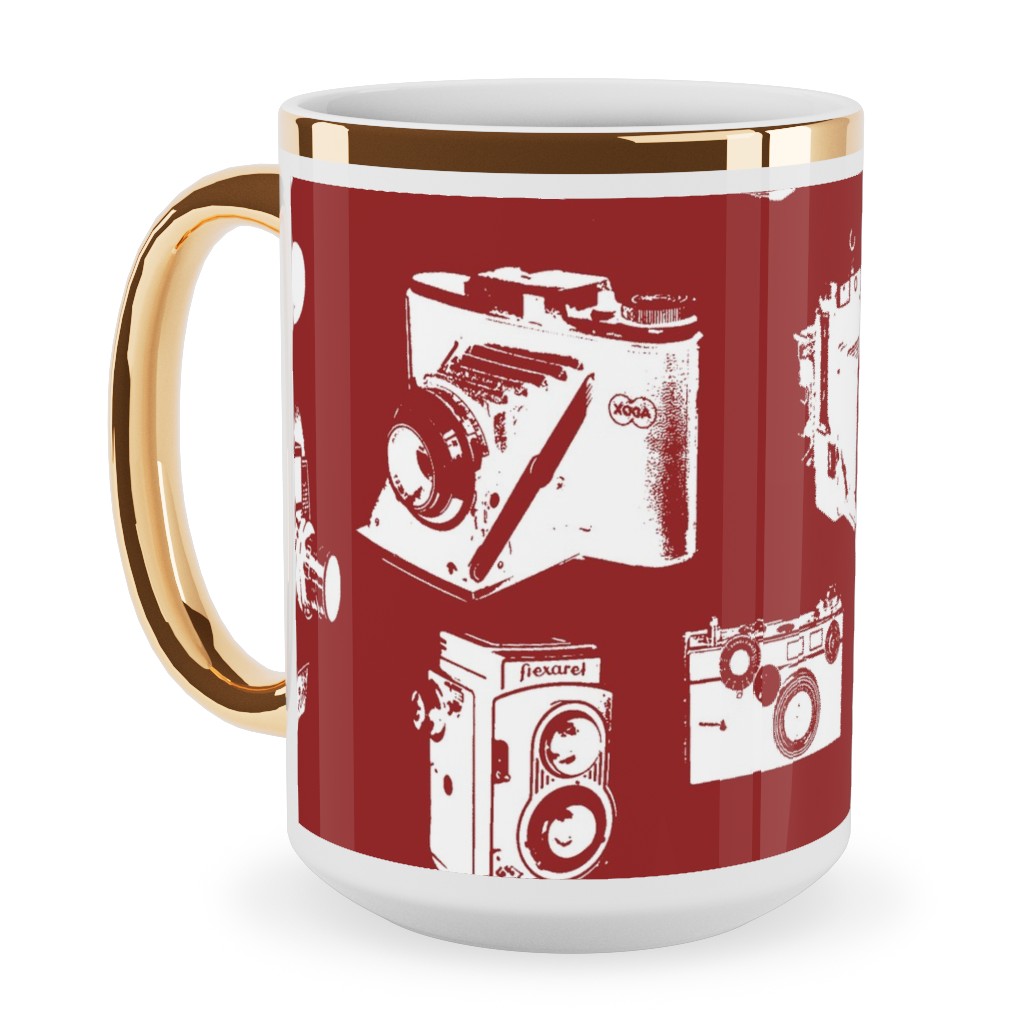 Retro Cameras Ceramic Mug, Gold Handle, , 15oz, Red, Spanish Red