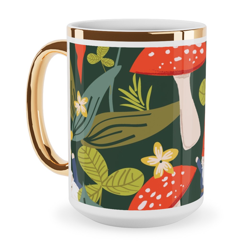Woodland Gnomes & Mushrooms - Green Ceramic Mug, Gold Handle, , 15oz, Green, Classic Green