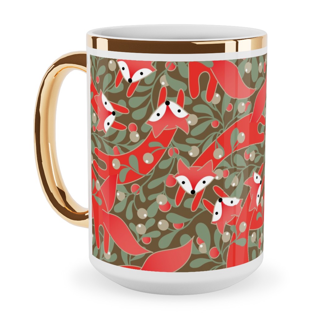 Red Fox Mistletoe Ceramic Mug, Gold Handle, , 15oz, Red, Red