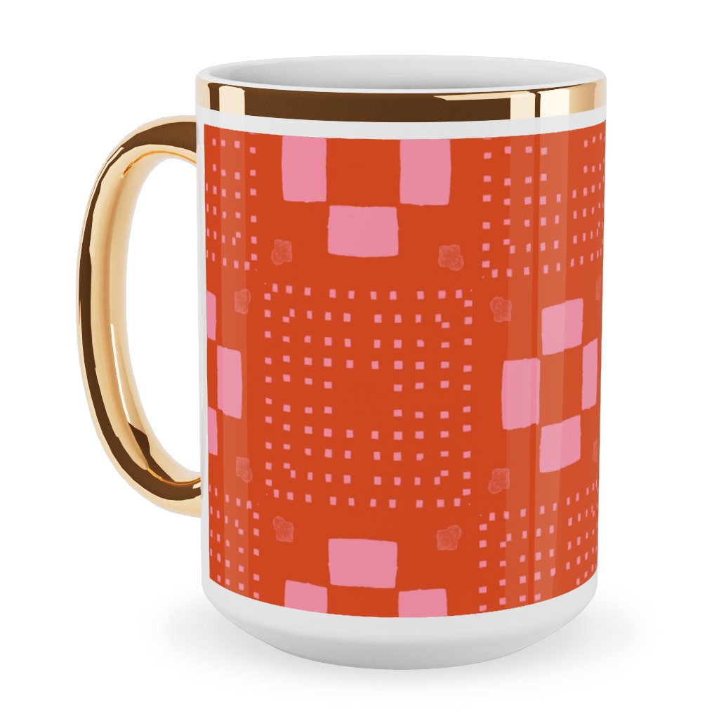 Phlox Garden - Red and Pink Ceramic Mug, Gold Handle,  , 15oz, Red
