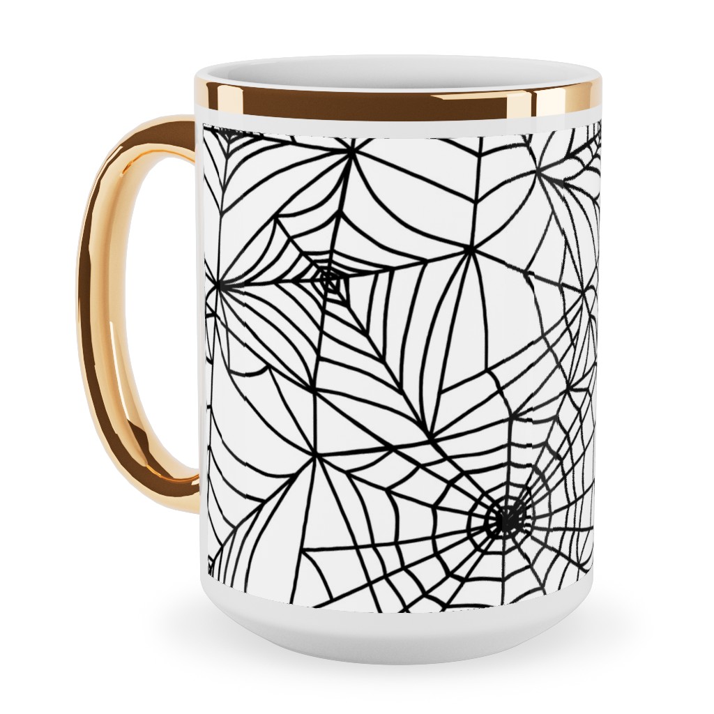 Spooky Spider Web Ceramic Mug, Gold Handle,  , 15oz, White