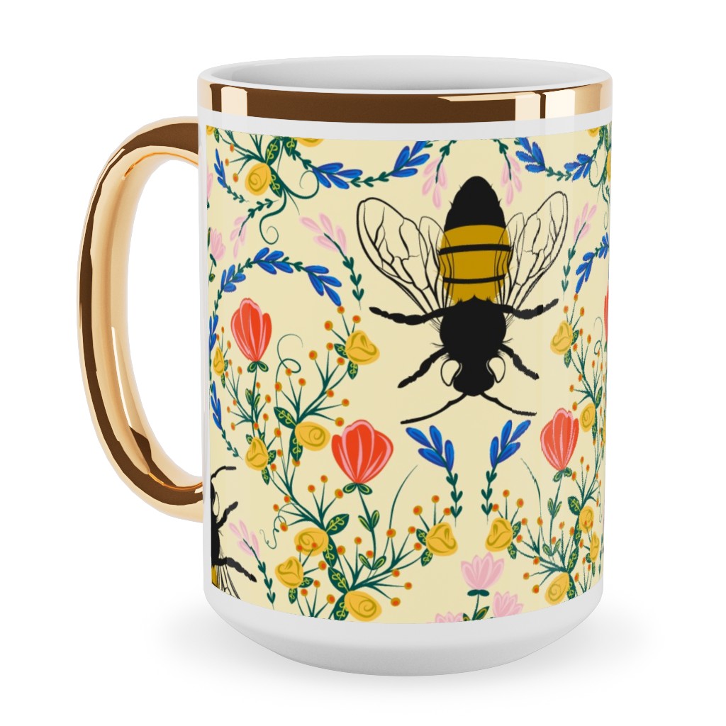 Bee Garden - Multi on Cream Ceramic Mug, Gold Handle, , 15oz, Yellow, Classic Yellow