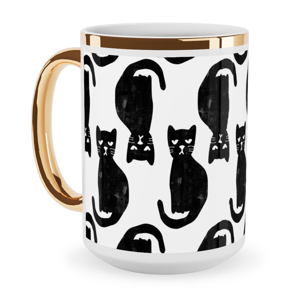 Black Cat Ceramic Mug, Gold Handle, , 15oz, Black, Black