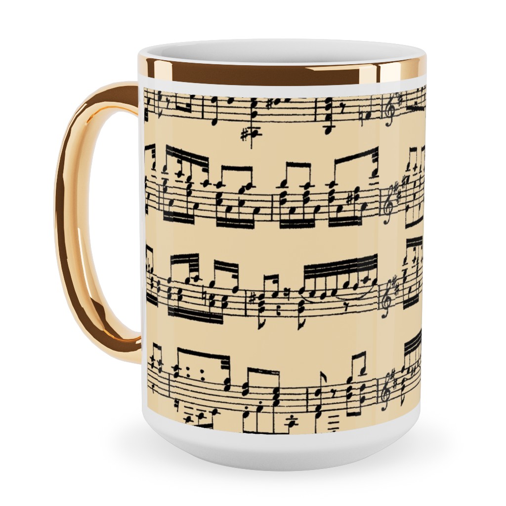 Sheet Music Ceramic Mug, Gold Handle, , 15oz, Yellow, Champagne