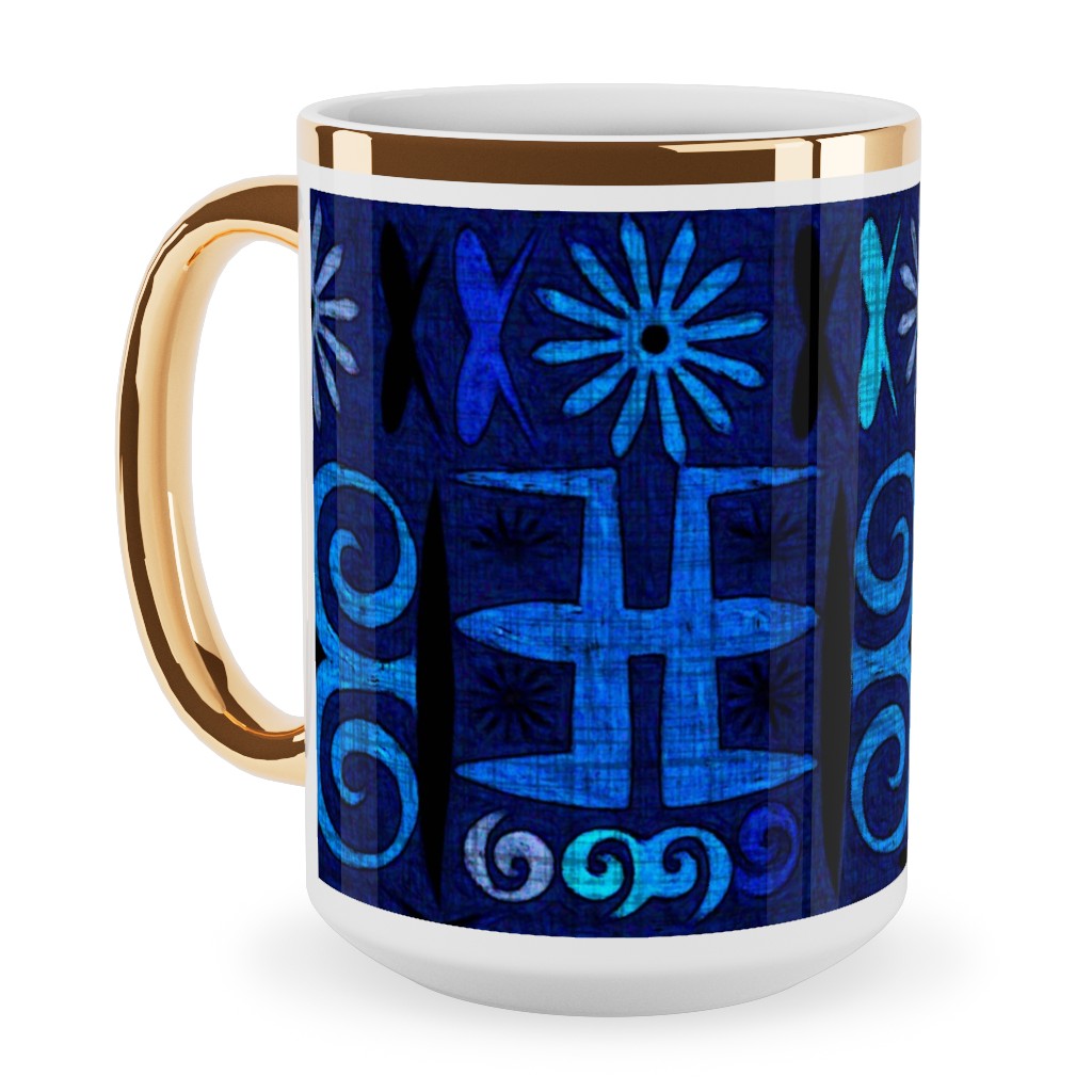 Indigo - Geometric Ceramic Mug, Gold Handle, , 15oz, Blue, True Blue