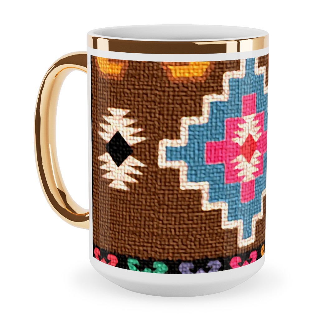 Kilim - Brown Ceramic Mug, Gold Handle, , 15oz, Multicolor