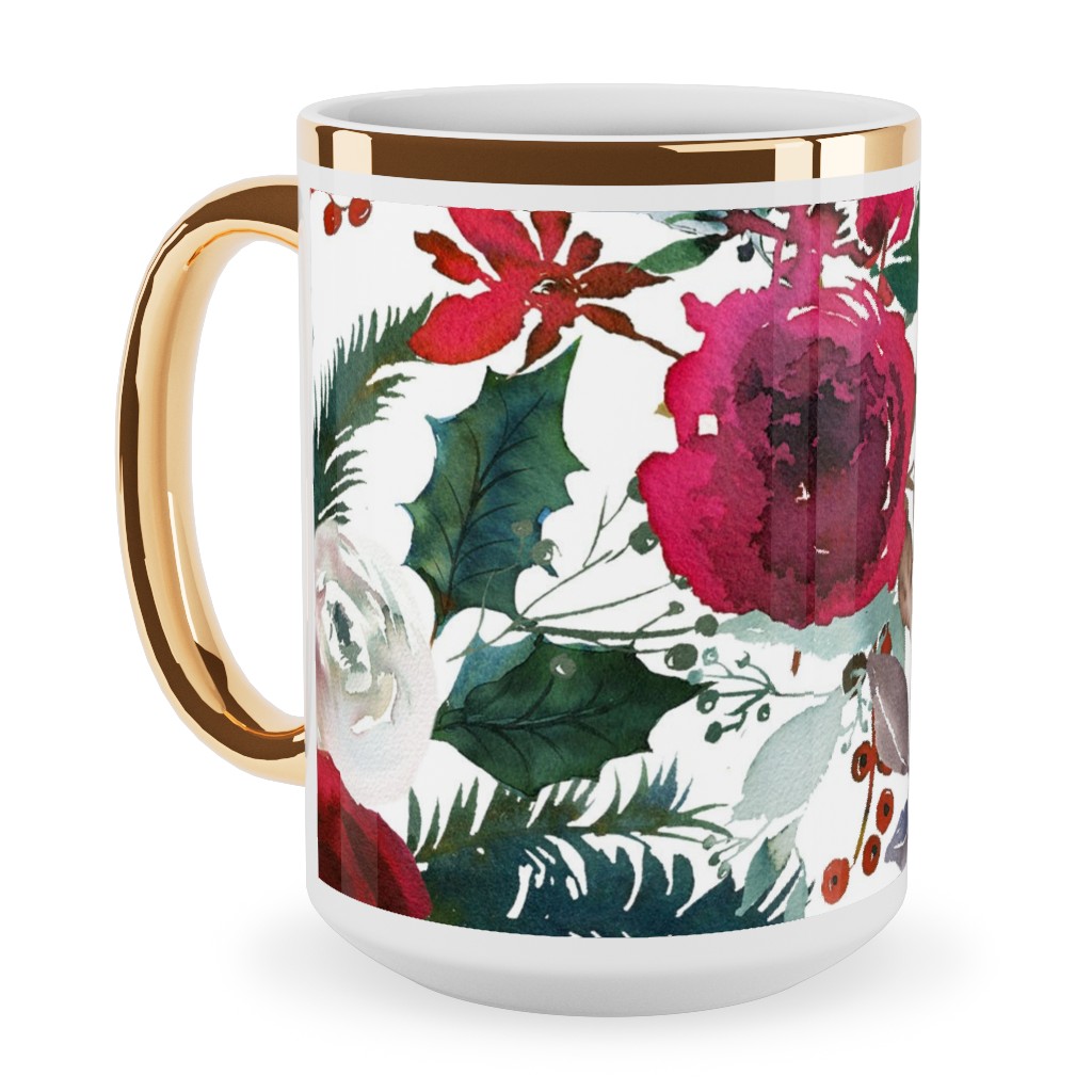 Holiday Florals Red on White Ceramic Mug, Gold Handle,  , 15oz, Multicolor