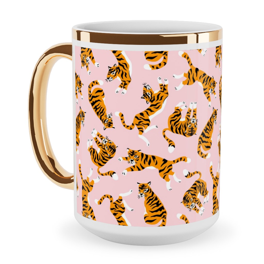 Tigers on Pink Backround Ceramic Mug, Gold Handle, , 15oz, Pink, Bright Pink