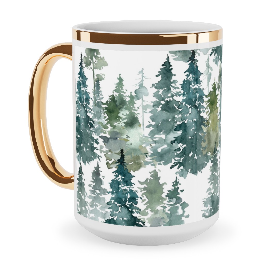 Woodland Trees Watercolor - White Ceramic Mug, Gold Handle, , 15oz, Green, Classic Green