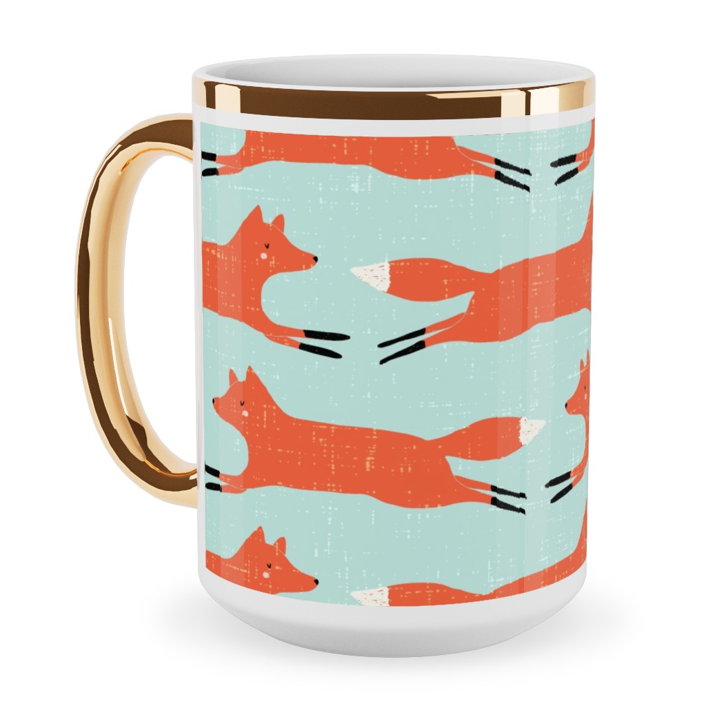 Little Orange Fox - Orange and Green Ceramic Mug, Gold Handle, , 15oz, Orange, Orange