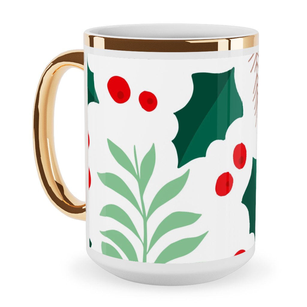 Botanical Christmas Garden Pine Leaves Holly Branch Berries - Green and Red Ceramic Mug, Gold Handle, , 15oz, Green, Classic Green