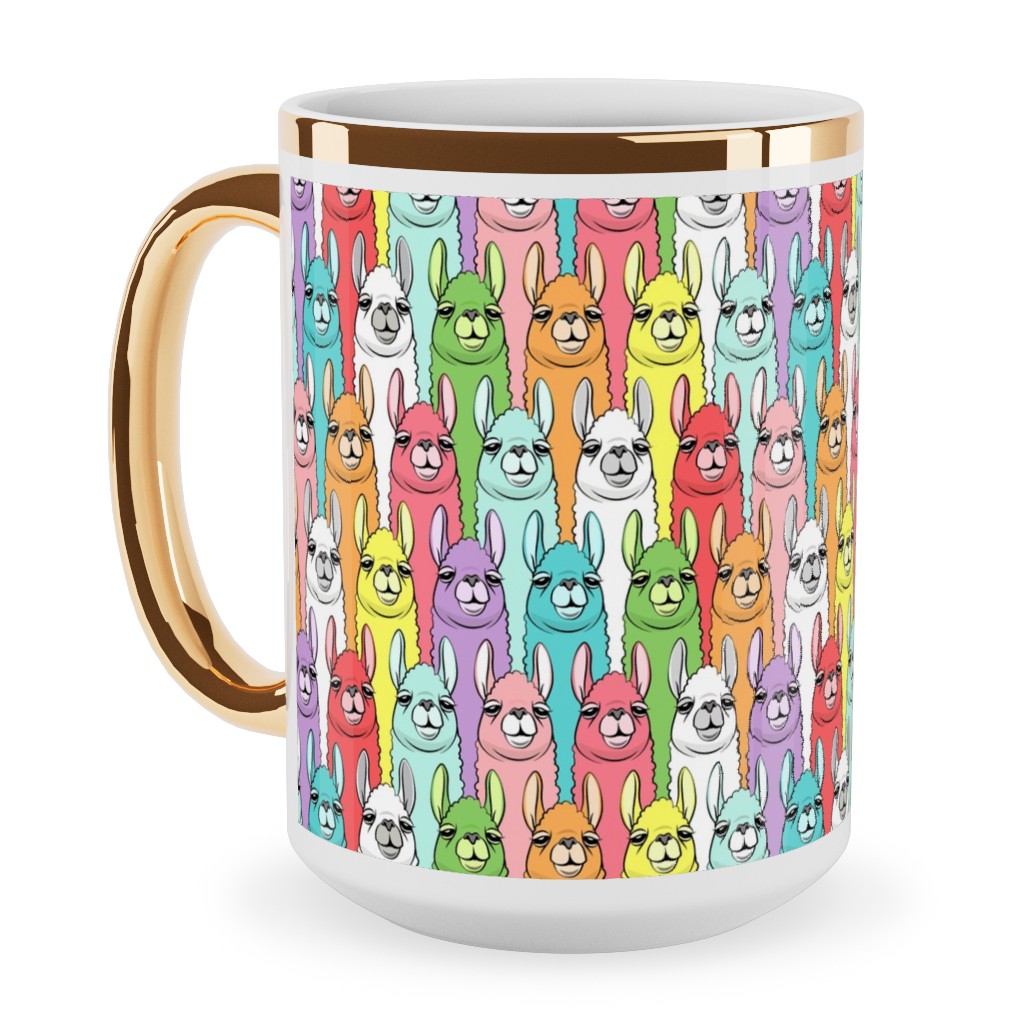 Rainbow Llamas - Multi Ceramic Mug, Gold Handle, , 15oz, Multicolor
