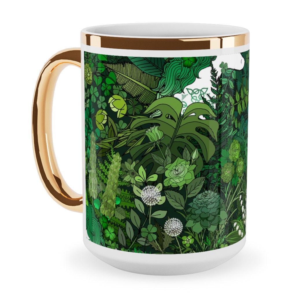 Irish Unicorn in a Green Garden Ceramic Mug, Gold Handle, , 15oz, Green, Classic Green