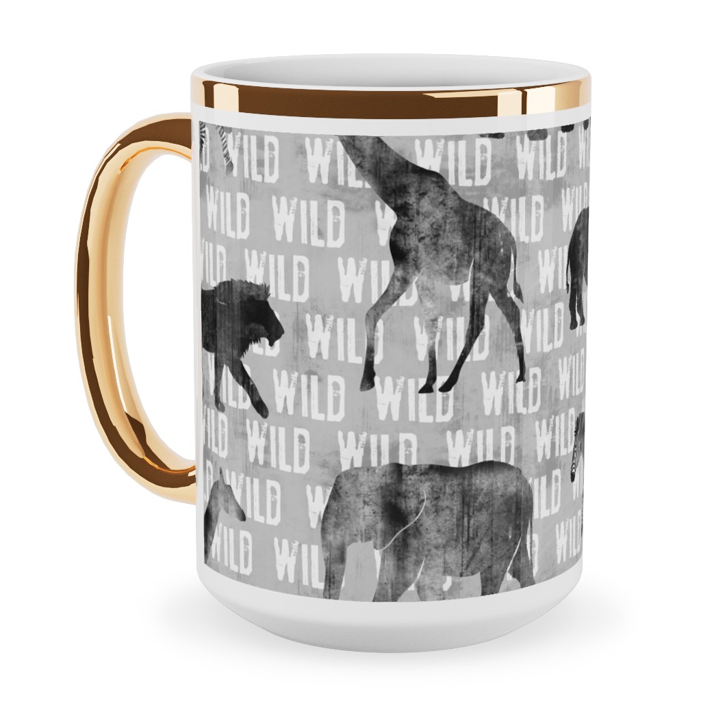 Wild Safari Animals - Grey Ceramic Mug, Gold Handle, , 15oz, Gray, Gray