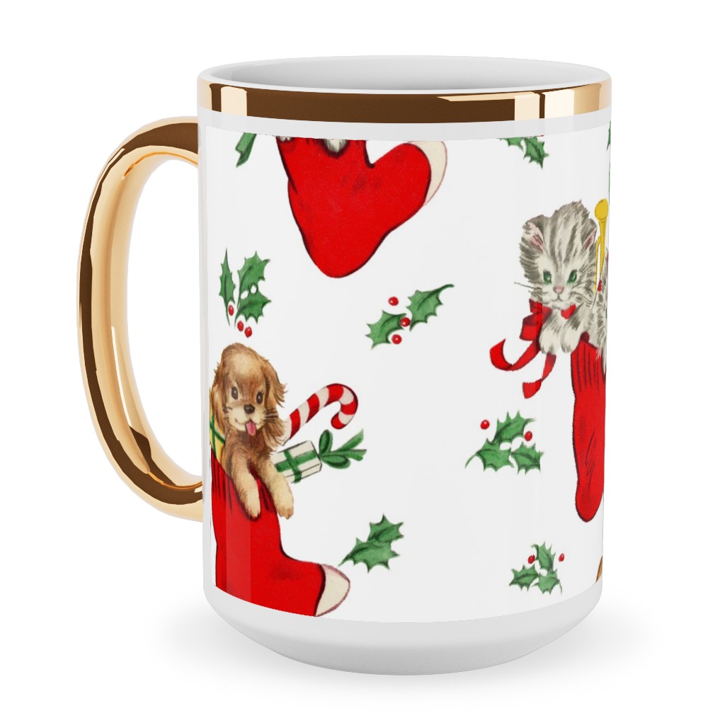 Vintage Christmas Kittens and Puppies Ceramic Mug, Gold Handle, , 15oz, Multicolor