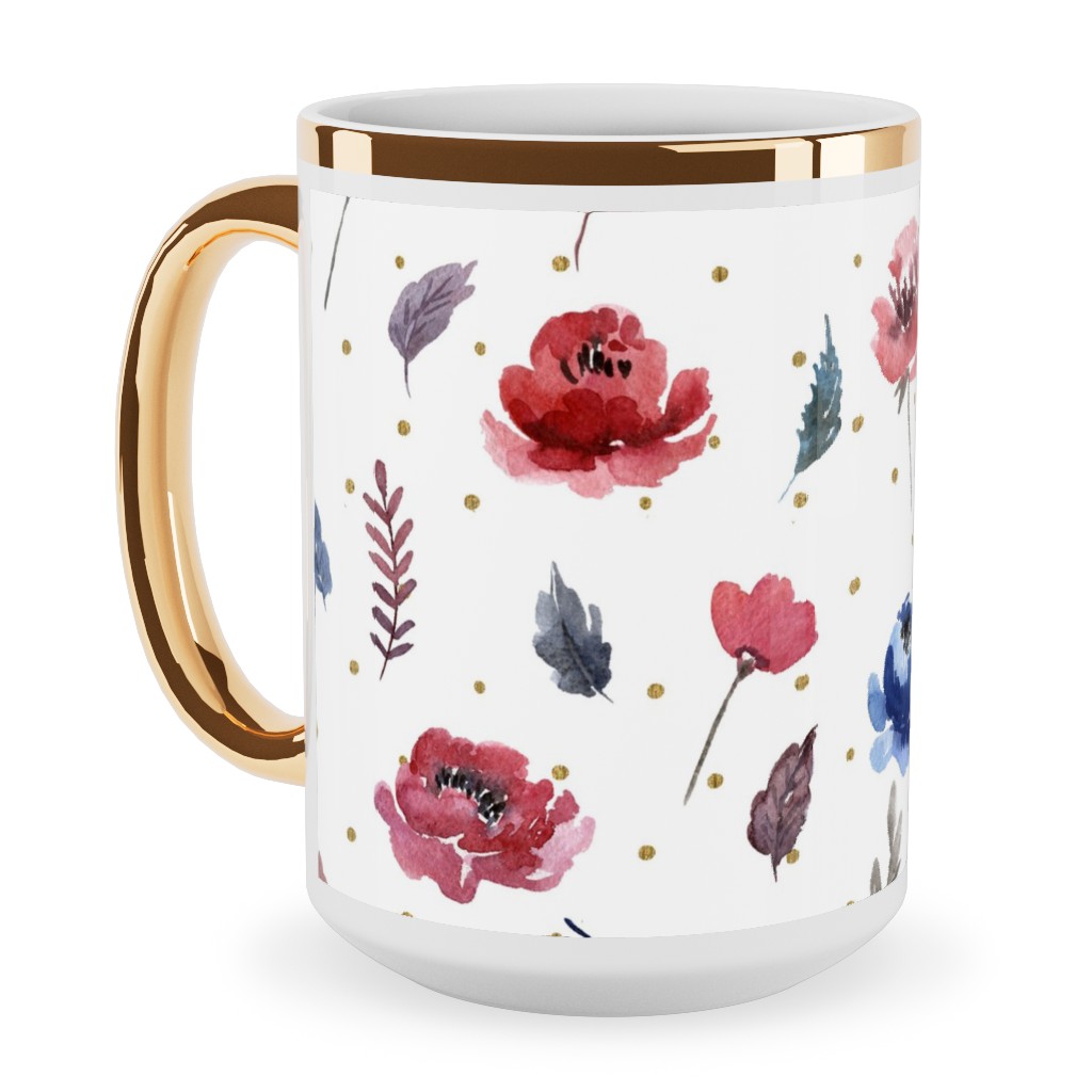 American Glory Flowers With Gold Dots - Multi Ceramic Mug, Gold Handle,  , 15oz, Red