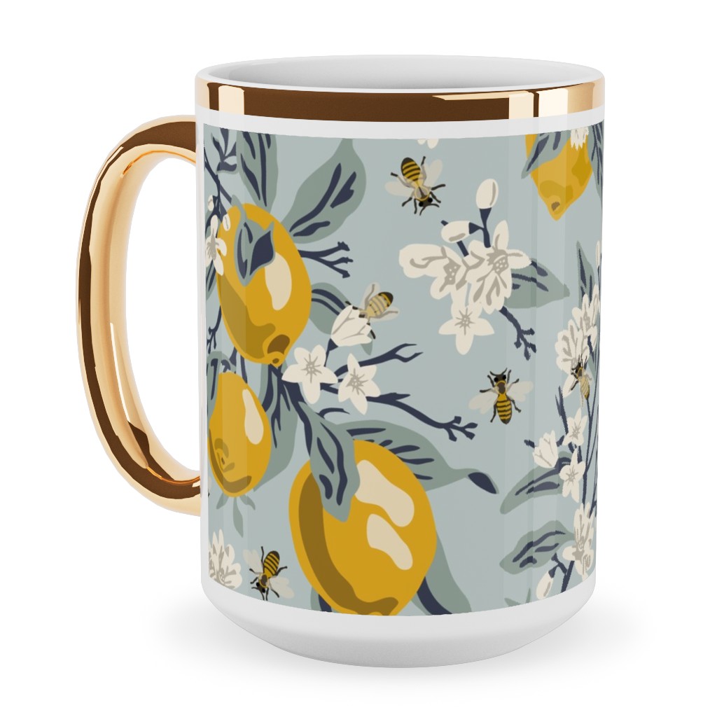 Bees, Blossoms & Lemons - Blue Ceramic Mug, Gold Handle, , 15oz, Blue, True Blue