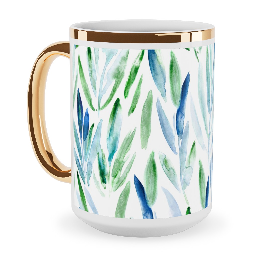 Watercolor Eucalyptus Leaves - Blue and Green Ceramic Mug, Gold Handle, , 15oz, Green, Classic Green